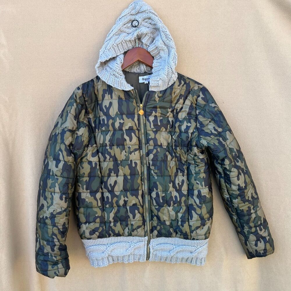 Camoflauge Military Hippie Women’s Camo‎ Puffer Jacket Cable Knit Hooded  Sz M/L